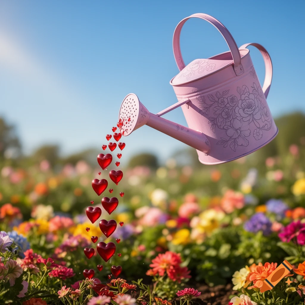 A pink watering can floats above a vibrant flower field, pouring glossy red hearts onto the soil.