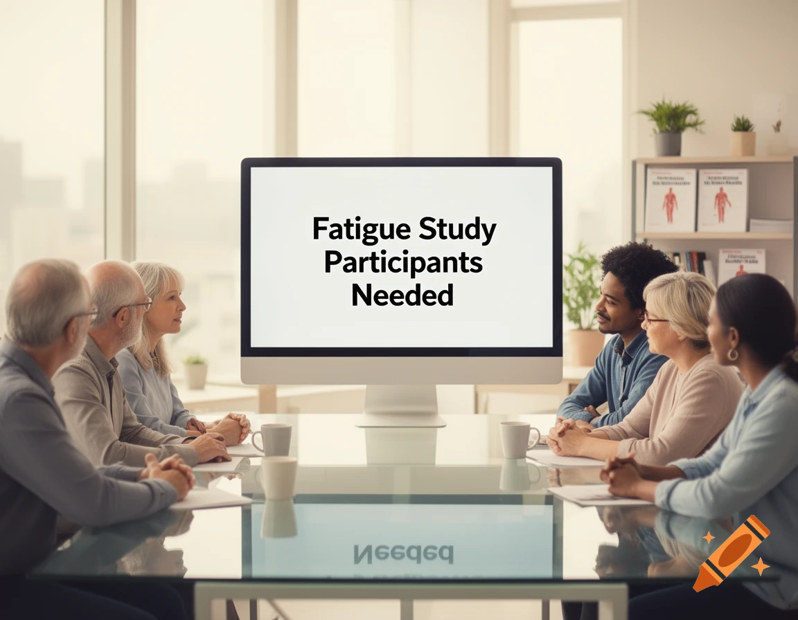 Diverse group of people in a meeting room looking at a monitor displaying 'Fatigue Study Participants Needed'.