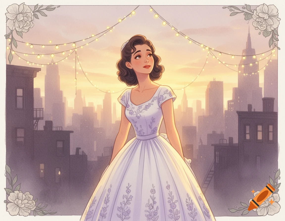 An illustrated woman in a white dress stands on a city rooftop at sunset, looking up at string lights.
