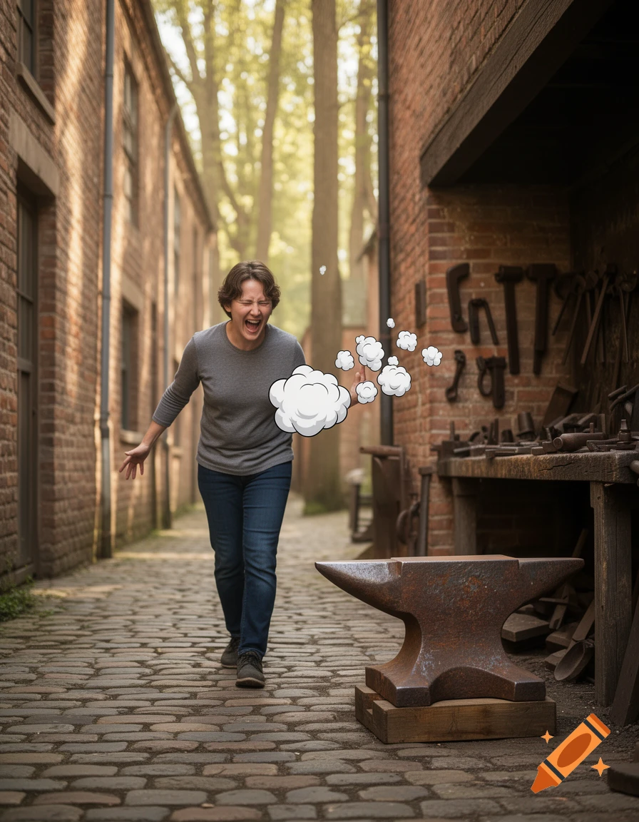 A woman shouts in a cobblestone alley with cartoon gas clouds next to an anvil and blacksmith shop.