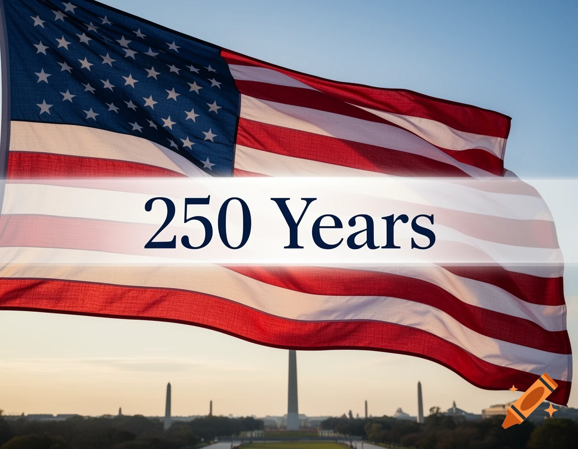 A close-up of a waving American flag with "250 Years" superimposed over the center, and the Washington Monument visible in the background against a blue sky.