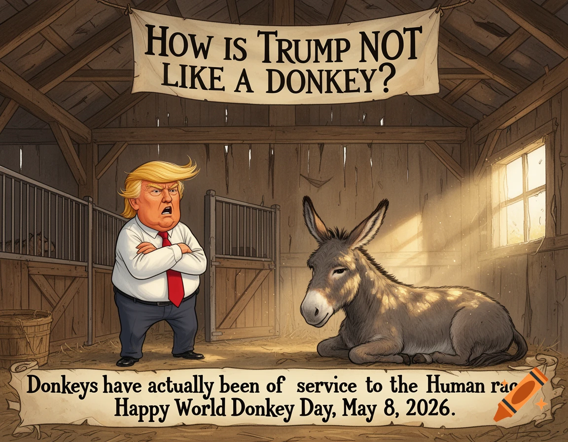 Cartoon of an angry Donald Trump caricature in a barn stall next to a calm donkey, with banners containing a political joke. Illustrated.