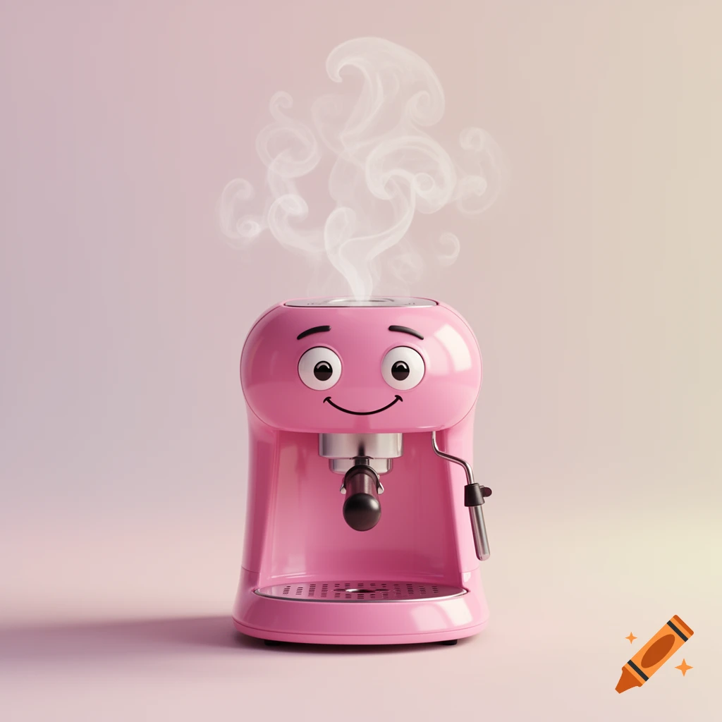 A cute, smiling pink coffee machine with steam rising, set against a soft pink and beige background.