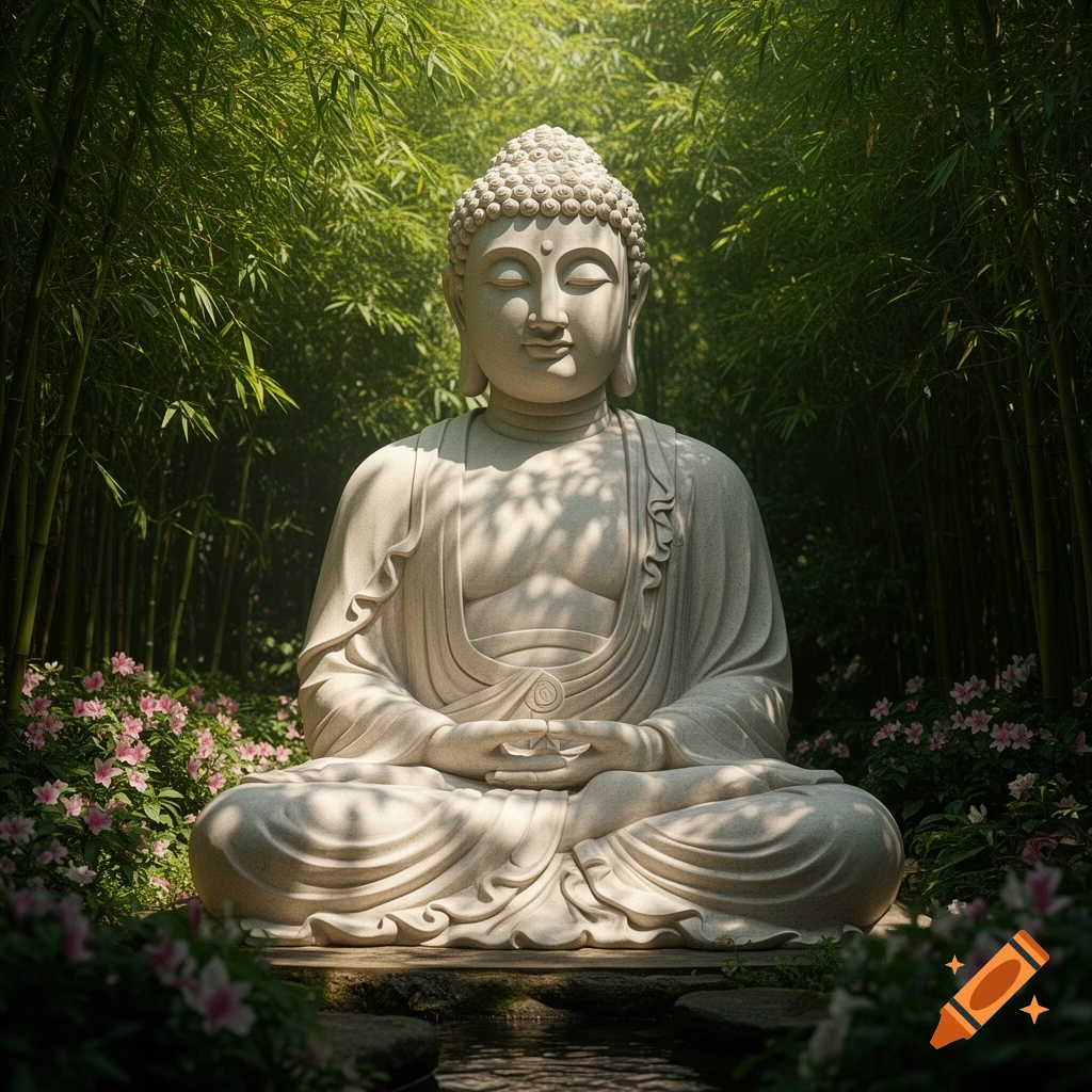 A serene stone statue of Buddha meditating amidst a lush bamboo forest with pink flowers and a small stream.