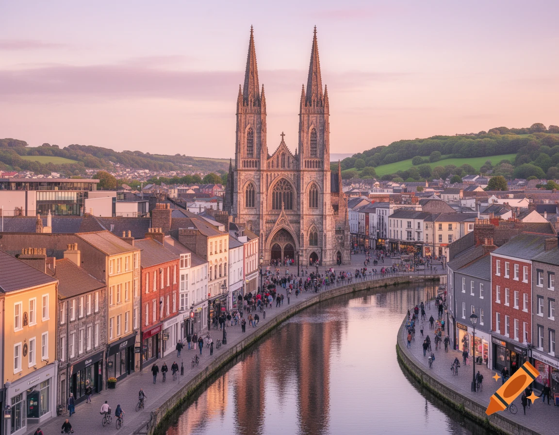 An aerial view of Cork City at sunset, featuring a grand cathedral, colorful buildings, and people along a winding river.
