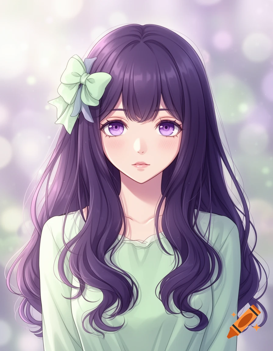 Anime portrait of a young woman with long dark purple hair, lavender eyes, and a light green bow, wearing a light green top.
