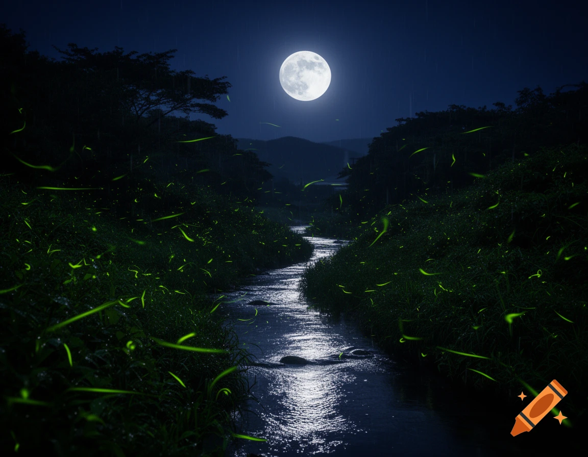 Full moon reflects on a winding river in a dark forest at night, illuminated by numerous glowing green fireflies.