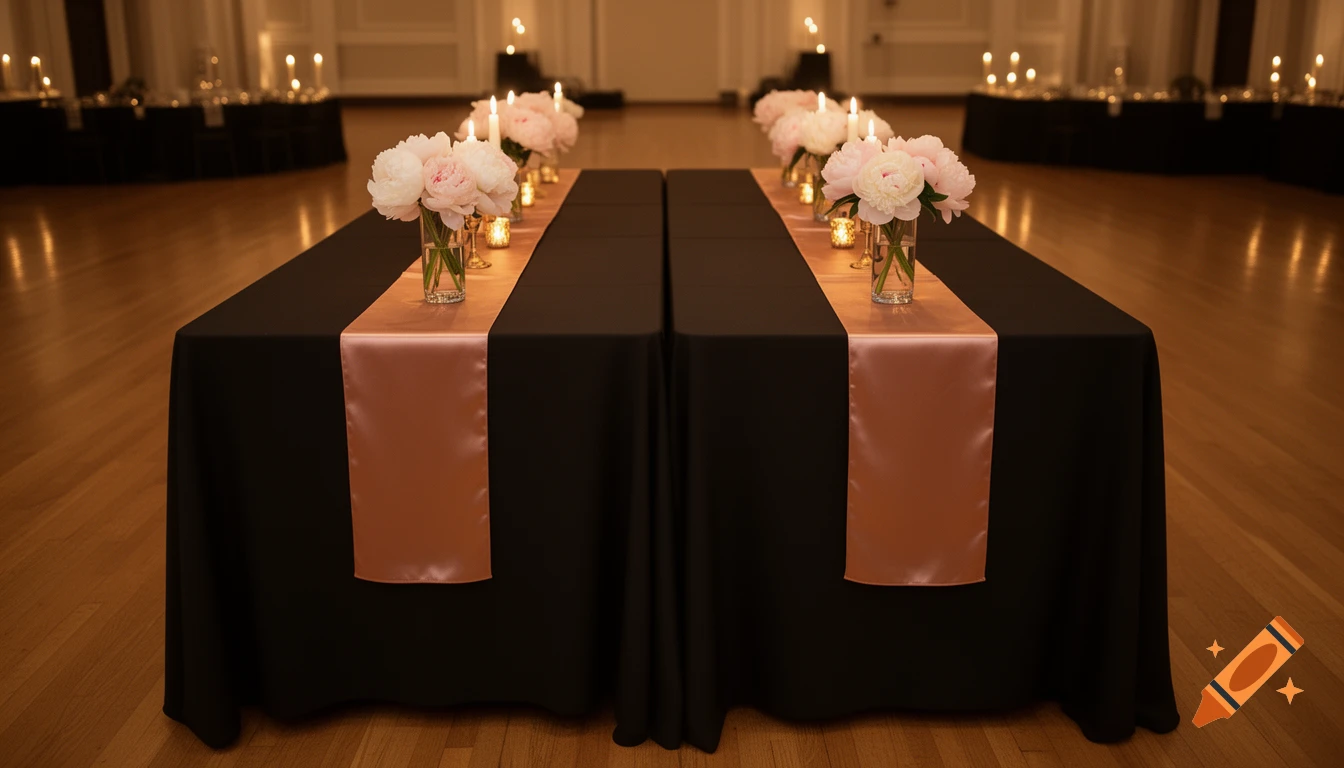 Two long tables covered with black tablecloths and rose gold runners, adorned with vases of pink peonies and lit candles, in a dimly lit event hall.