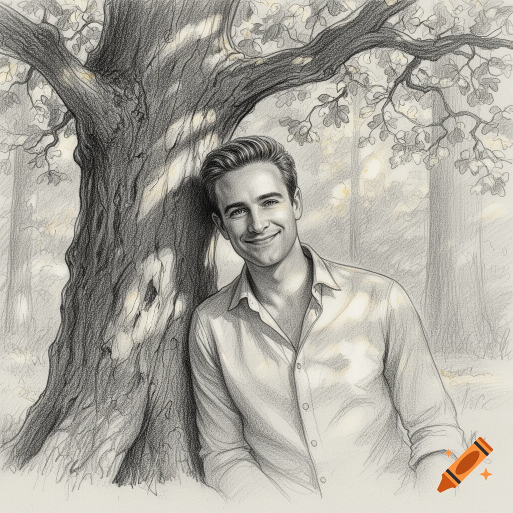 Pencil sketch of a smiling man leaning against a tree in a forest setting.