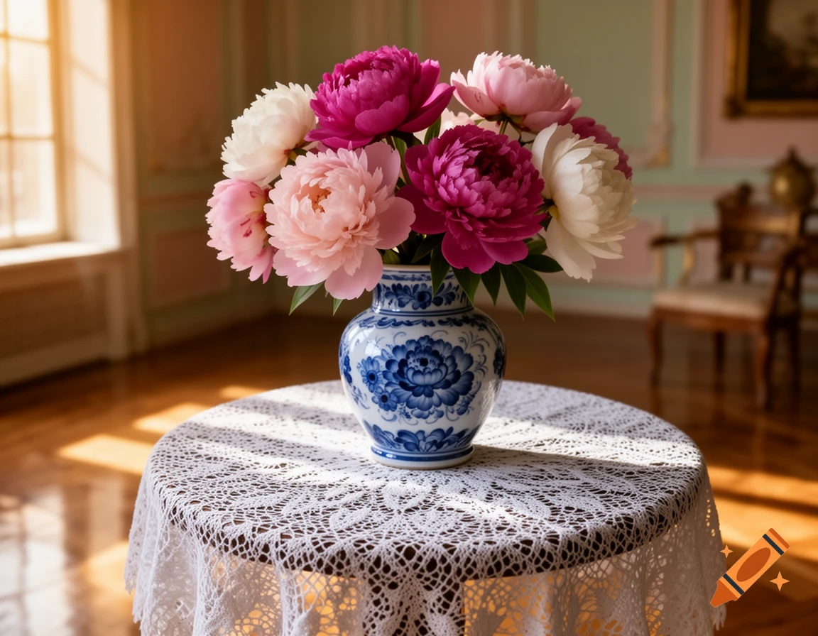 A vibrant bouquet of pink, fuchsia, and white peonies in a blue and white vase on a lace-covered table in a sunlit elegant room.