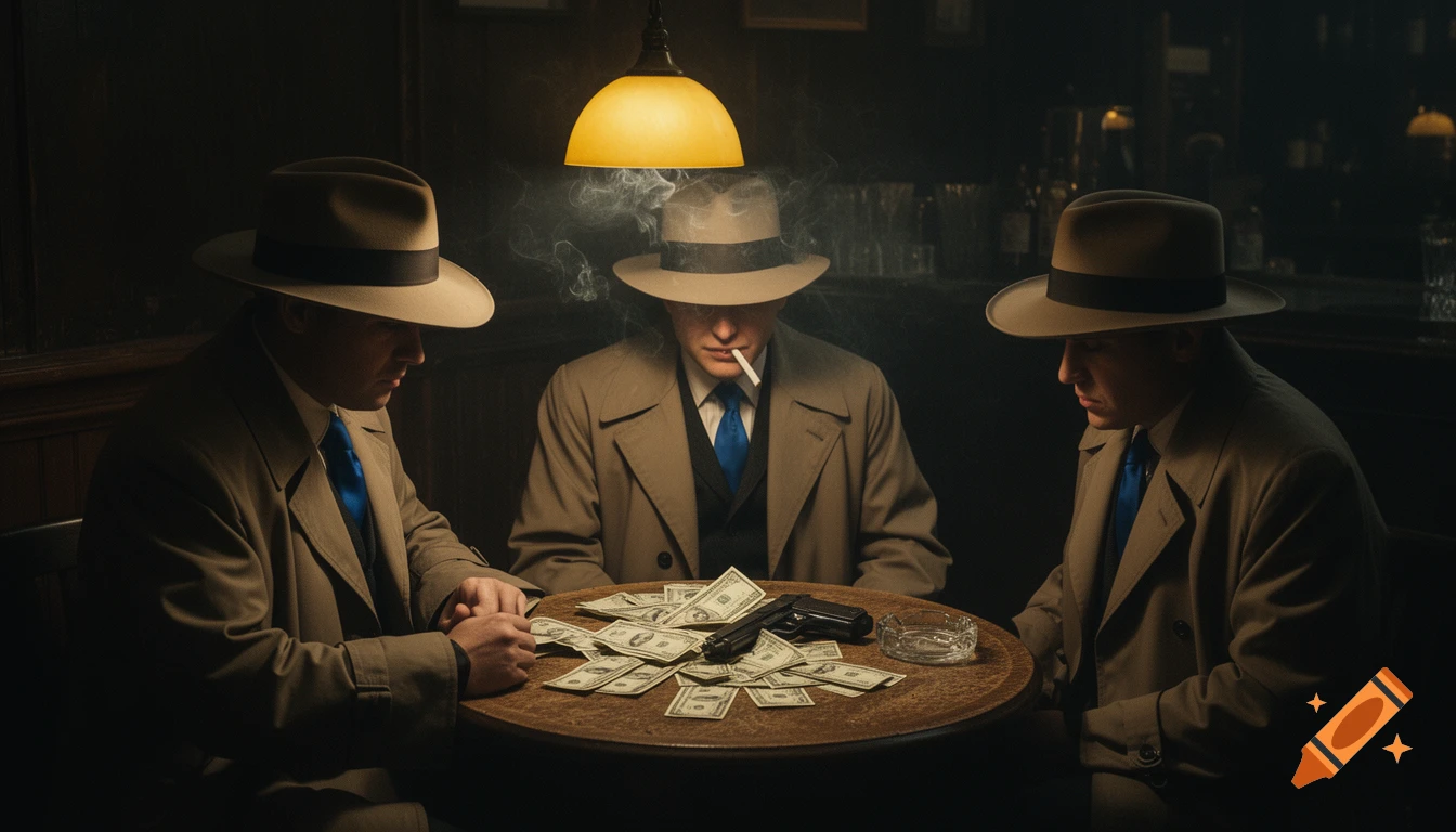 Three men in fedoras and trench coats, like gangsters, sit around a dark bar table with money and a pistol, one smoking, in a film noir scene.
