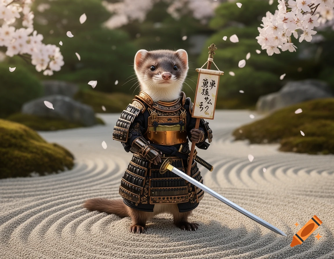 A photorealistic stoat in samurai armor stands in a raked Japanese garden with cherry blossoms.