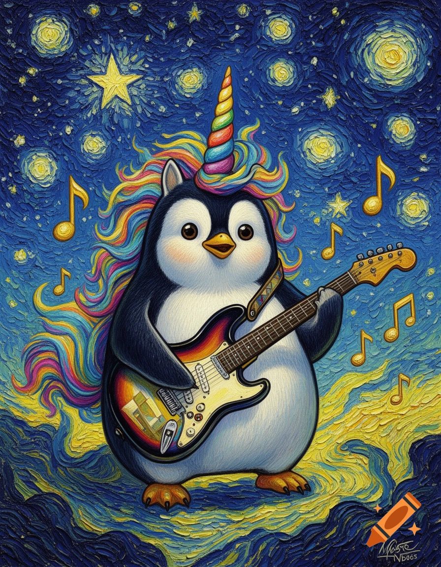 A cute penguin with a rainbow unicorn horn playing a guitar, in a swirling starry night Van Gogh style.