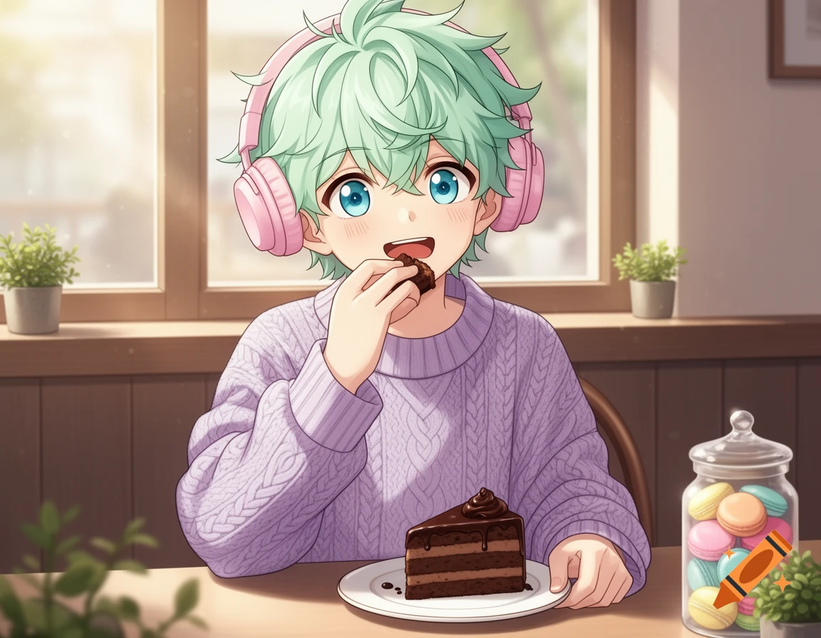 A cute anime boy with light green hair and pink headphones eats a piece of chocolate cake, with a jar of colorful macarons nearby.