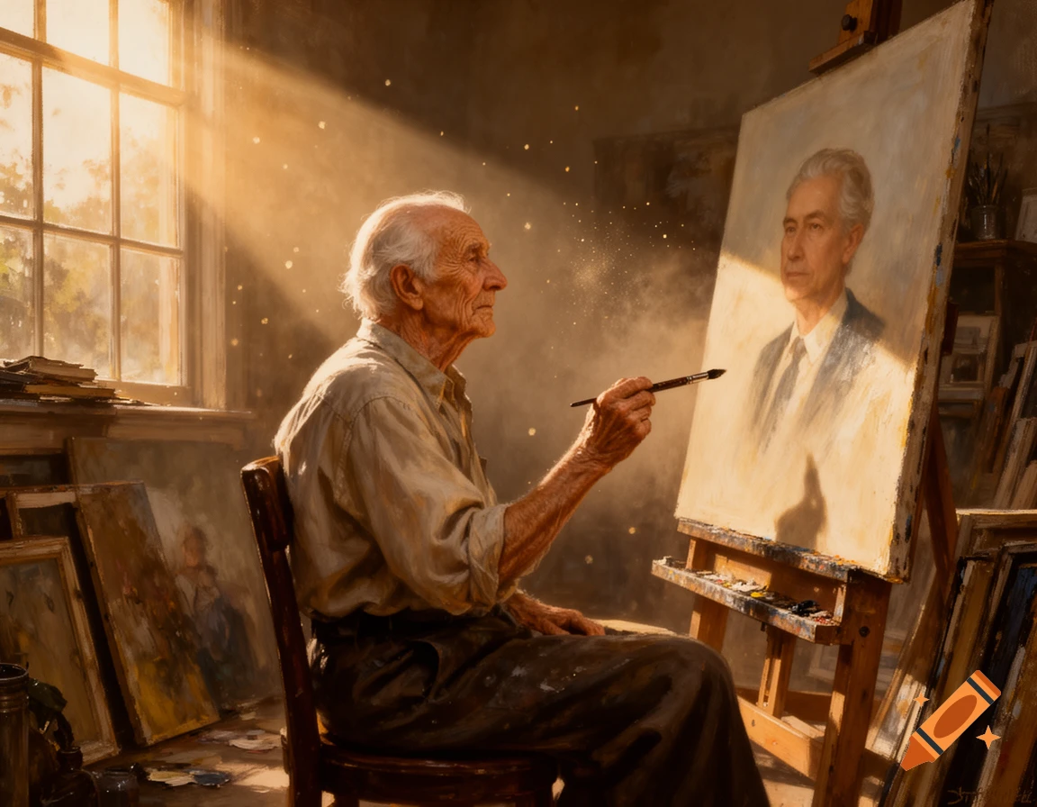An elderly artist paints a portrait of a man in a sunlit studio, with dust motes dancing in golden light.