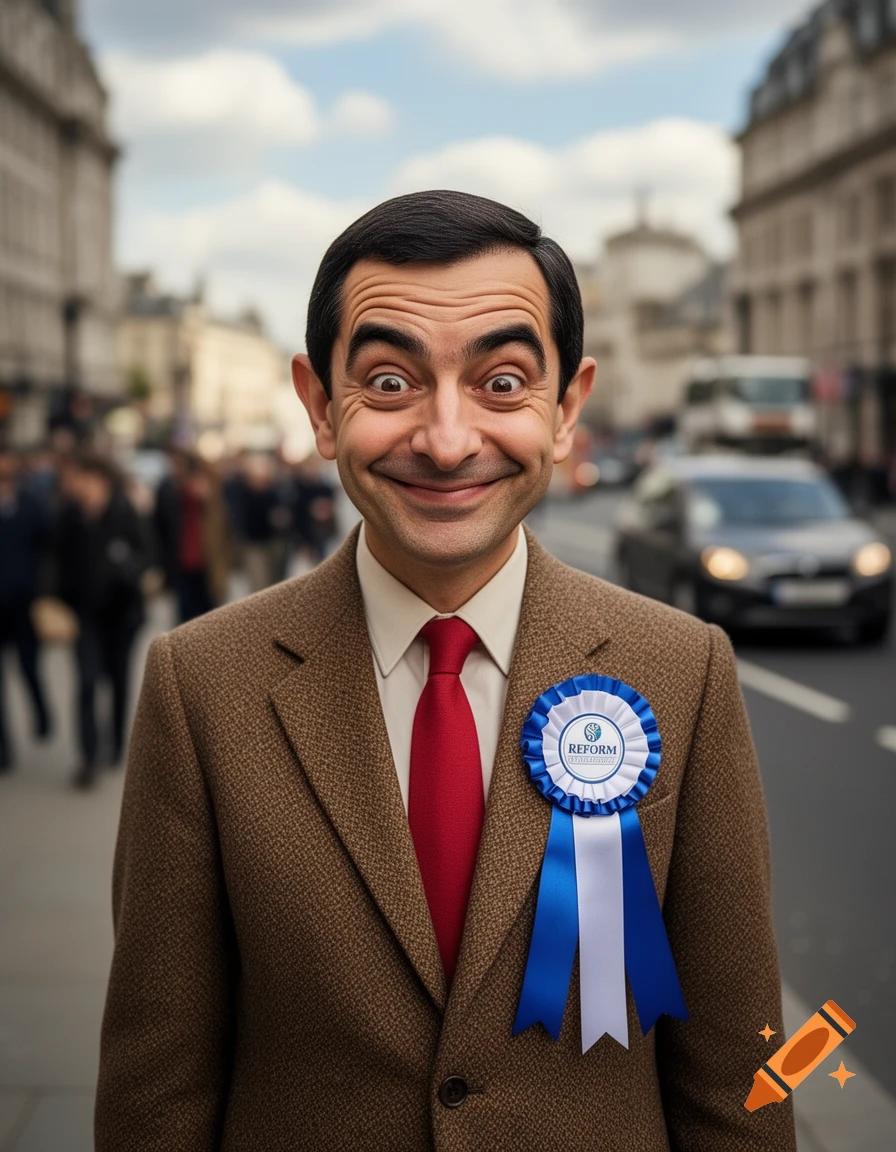 Photorealistic depiction of Mr. Bean with wide eyes and a grin, wearing a brown suit and a blue and white 'REFORM' rosette, standing on a city street.