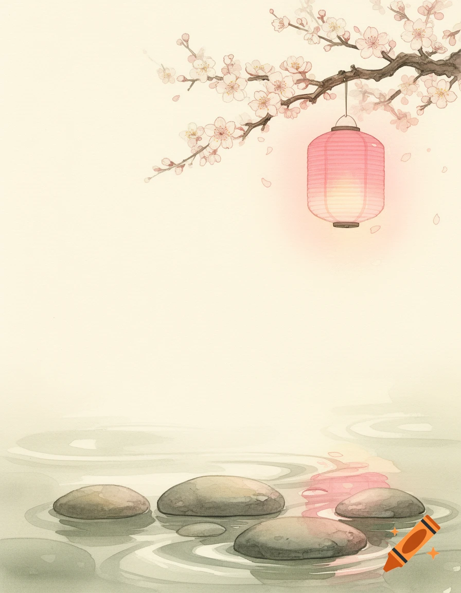 Japanese watercolor painting of a cherry blossom branch with a pink lantern hanging over stones in calm water.