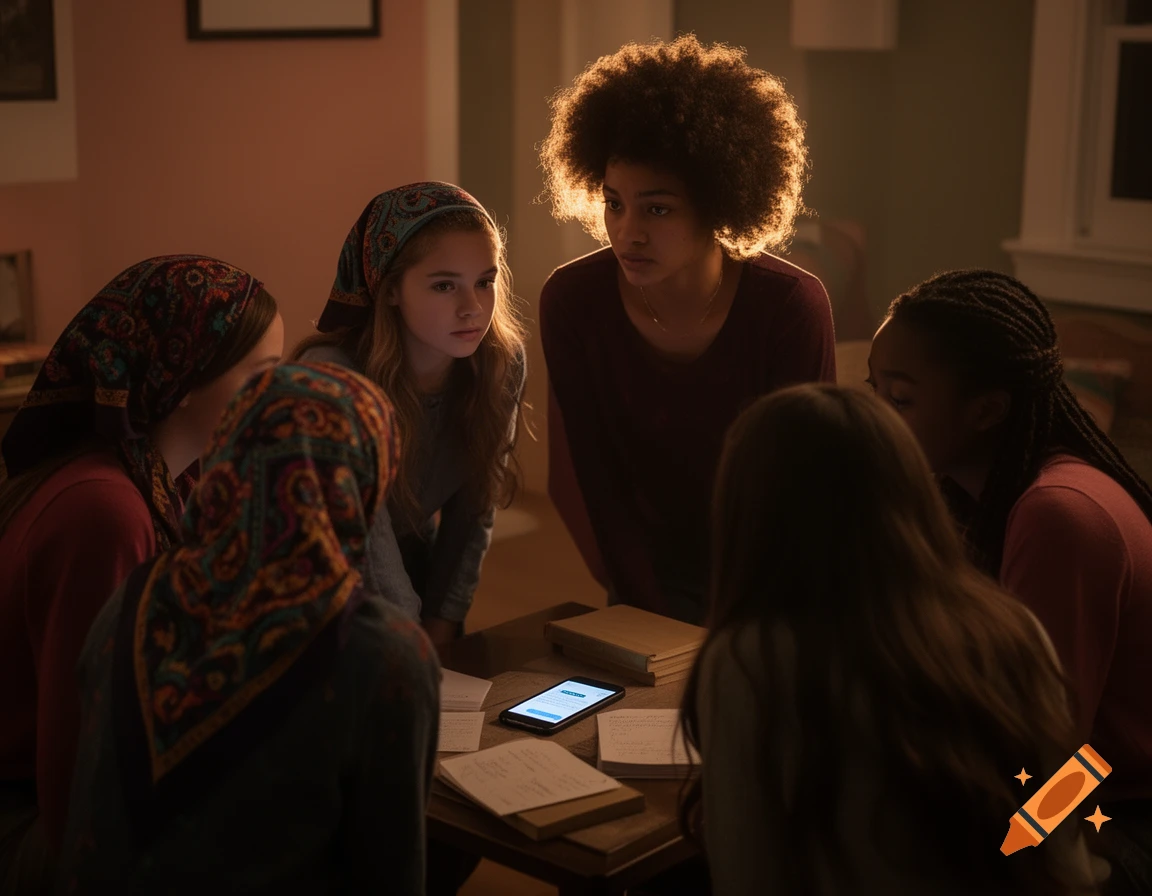 A group of young women, some wearing headscarves, gathered around a table with a glowing smartphone and papers, looking intently. Photorealistic.