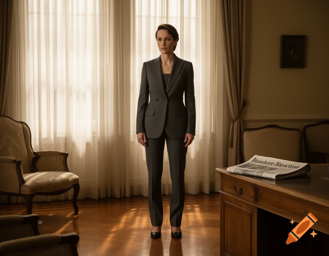 A woman in a dark grey suit stands formally in a dimly lit, richly furnished room with a newspaper on a wooden desk.