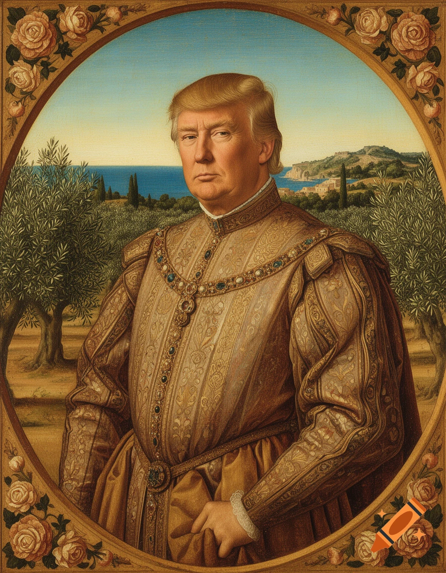 Renaissance portrait of Donald Trump in ornate golden attire against a Mediterranean landscape, framed by roses.