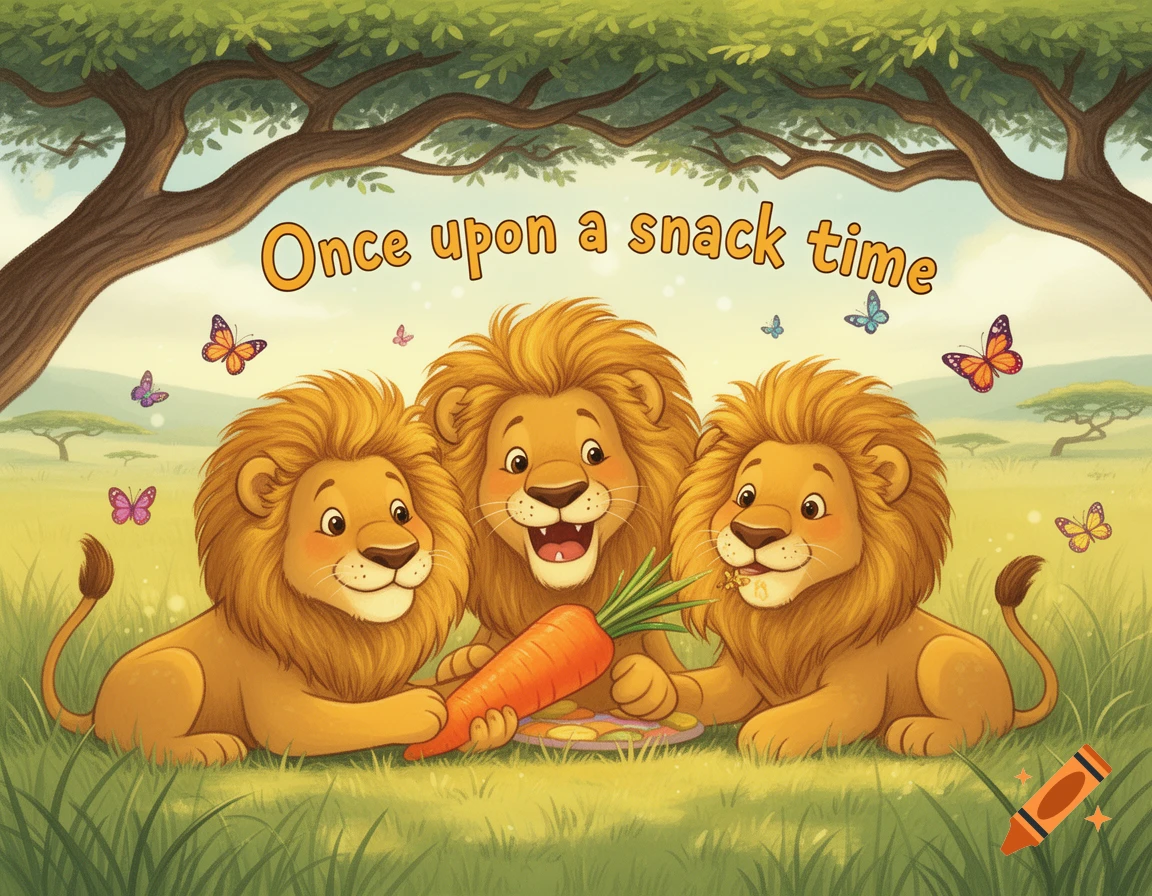 Three friendly cartoon lions share a carrot under a leafy tree, with colorful butterflies, in a vibrant children's book illustration.