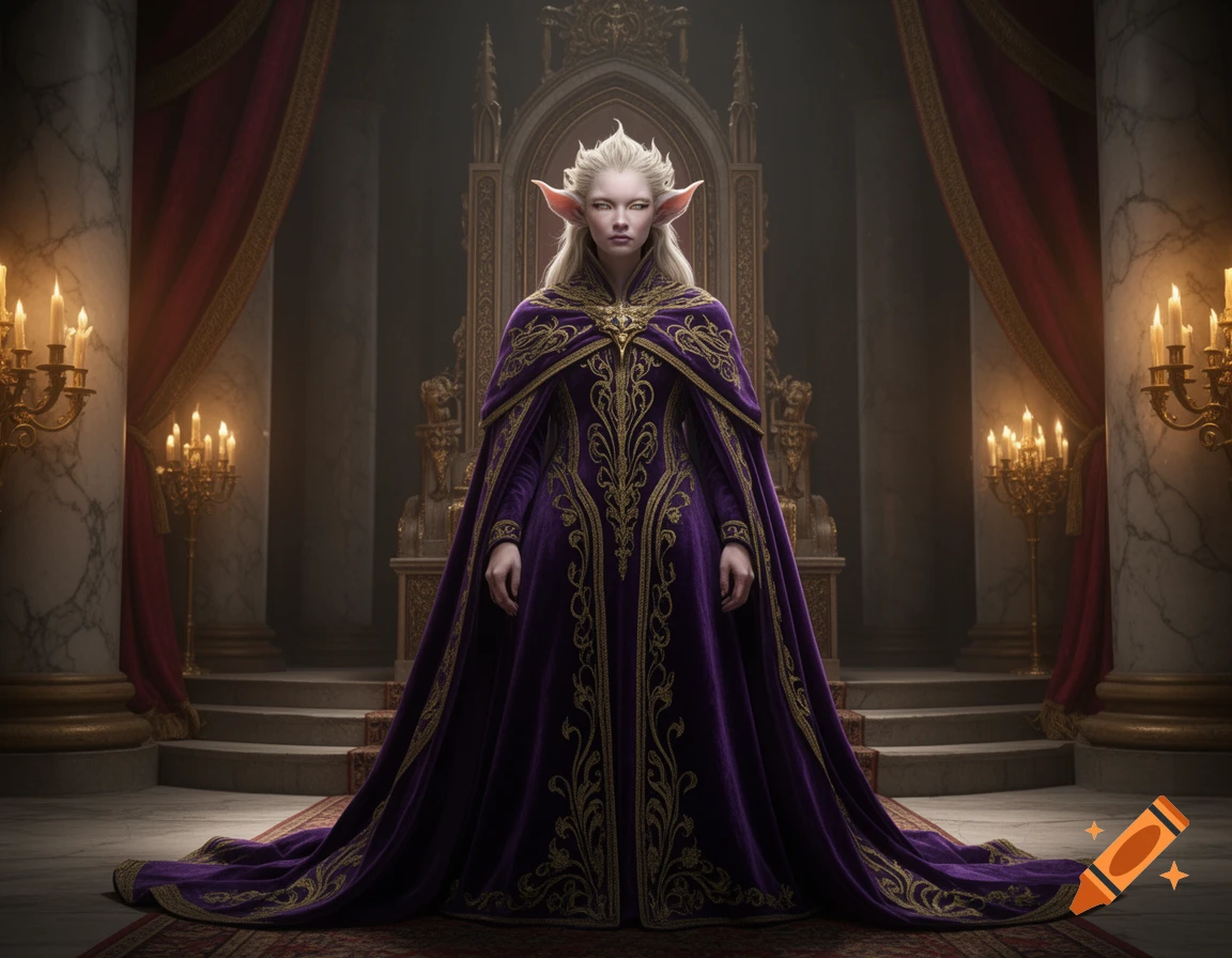 An elf queen with long white hair and pointed ears stands regally in a purple and gold gown, in a grand throne room.