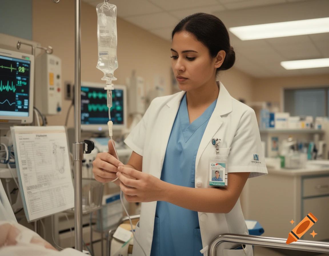 A female nurse in a white lab coat and blue scrubs adjusts an IV drip in a hospital room.