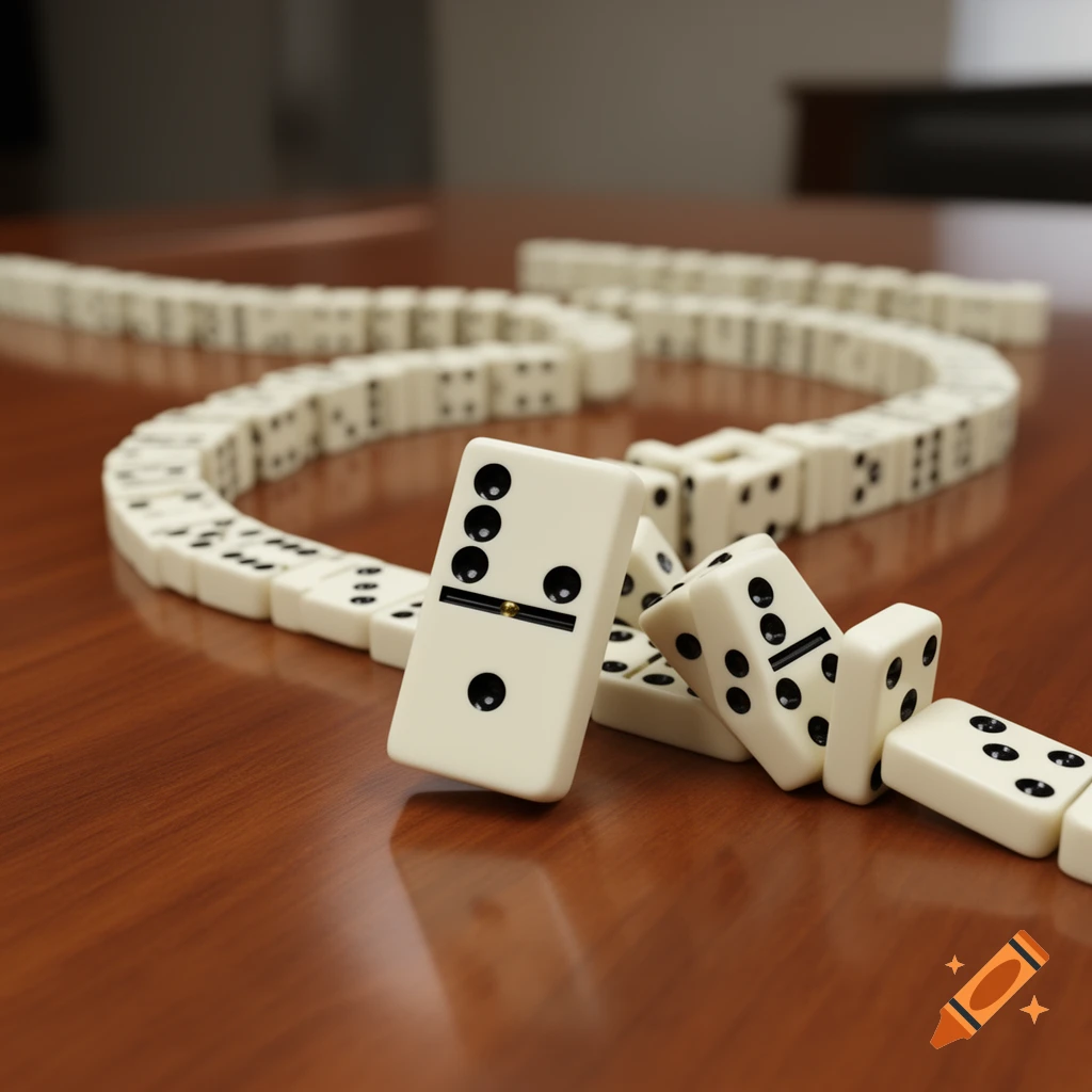 A close-up, photorealistic shot of ivory-colored dominoes arranged in a curved line on a polished wooden table, with several falling.
