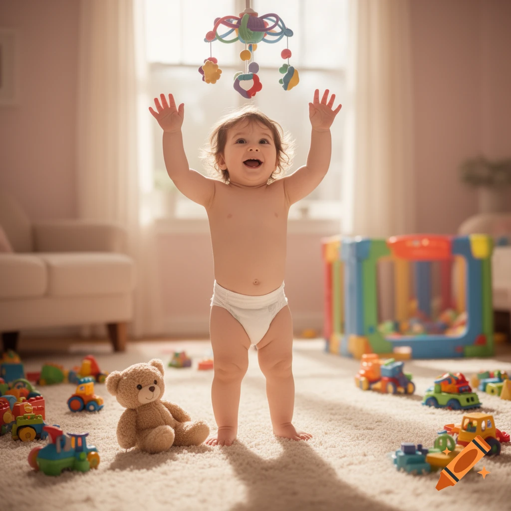 A happy baby in a diaper stands with arms raised amidst colorful toys on a bright carpeted floor.