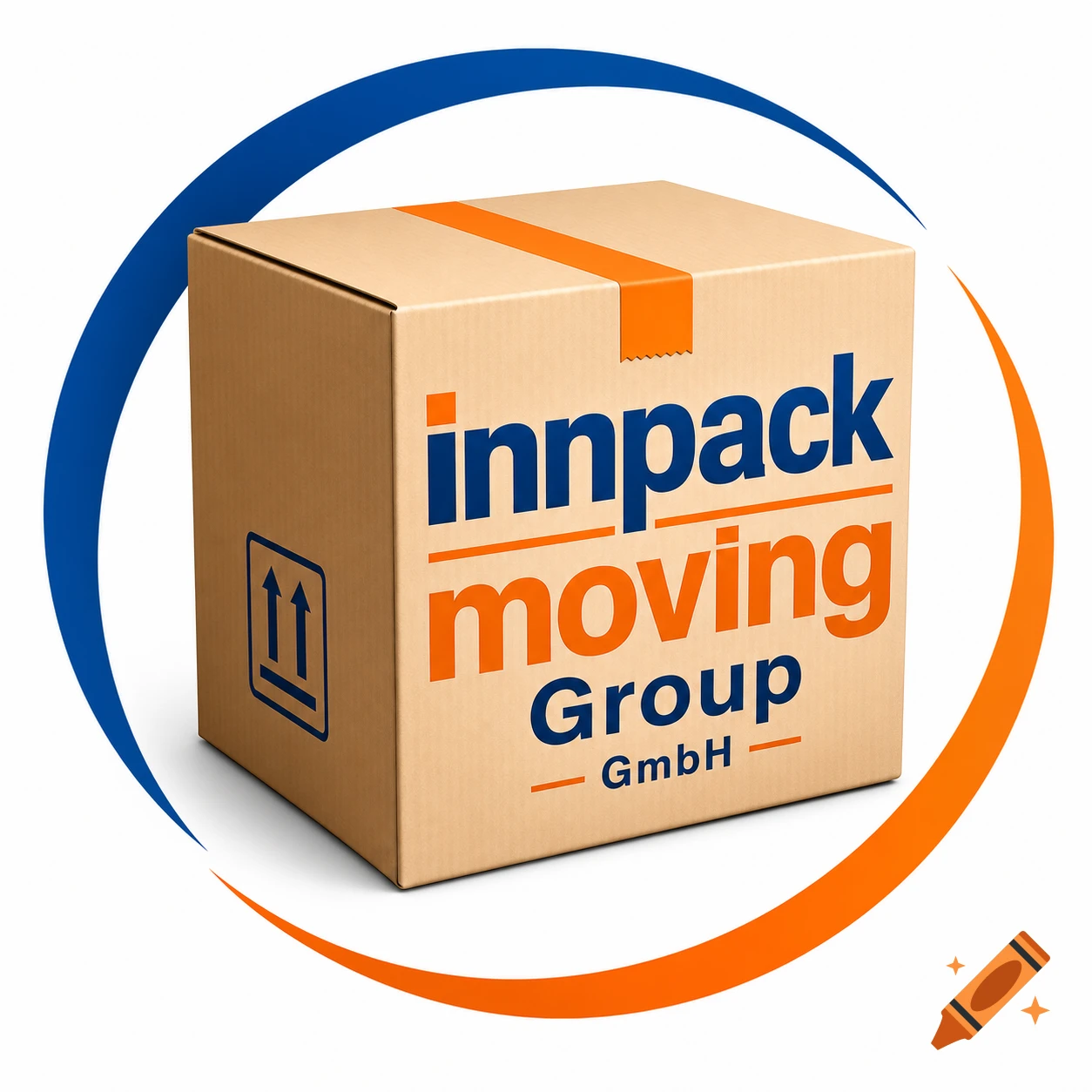 Logo featuring a brown cardboard moving box with orange tape, displaying 'innpack moving Group GmbH' text, encircled by blue and orange arcs.