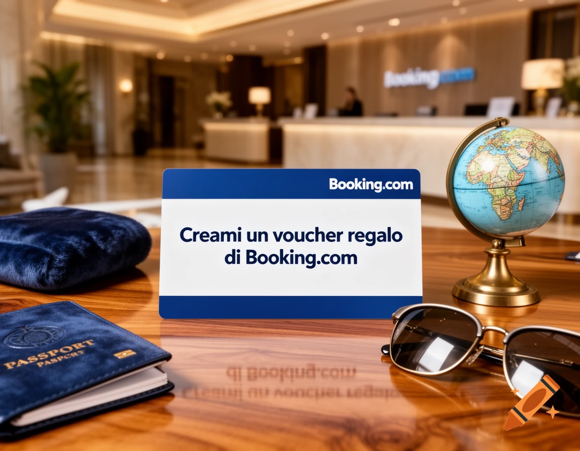 A Booking.com gift voucher, passport, globe, and sunglasses on a wooden table in a hotel lobby, photorealistic.