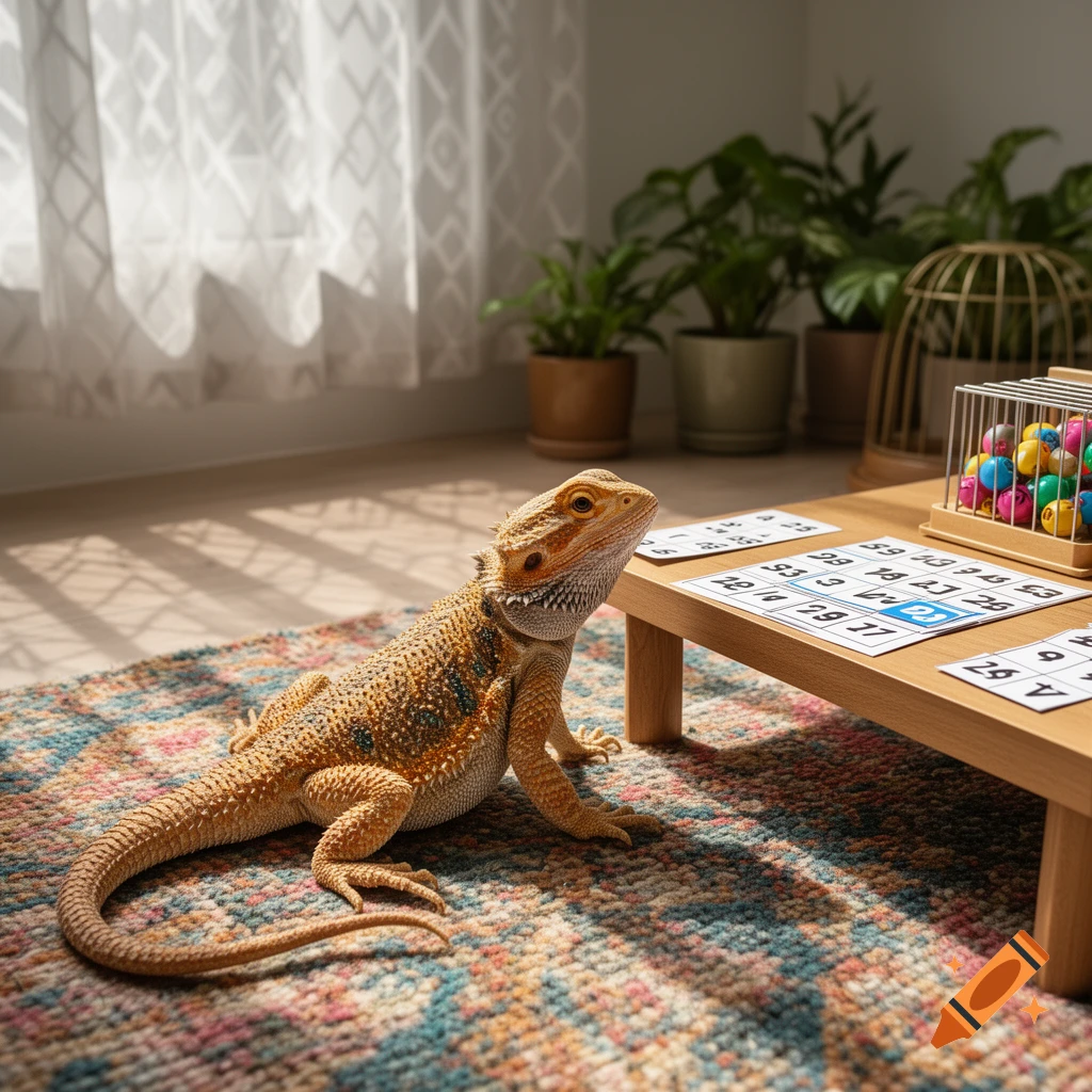 A photorealistic bearded dragon sits on a colorful rug, looking at bingo cards and a ball cage on a low wooden table.