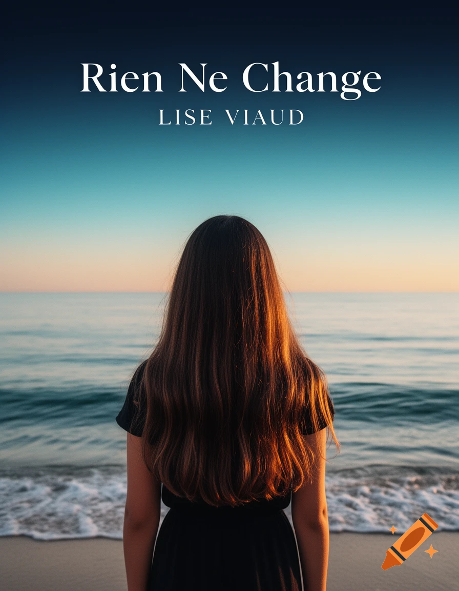 A person with long brown hair stands facing a beautiful sunset over the ocean. Text: 'Rien Ne Change' and 'LISE VIAUD'.