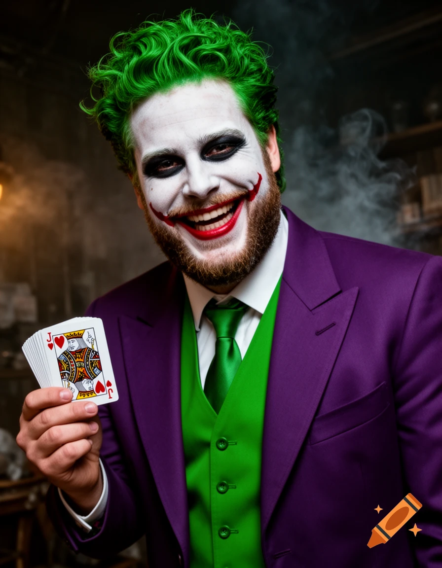 Man with green hair, Joker makeup, and a purple suit, smiling and holding playing cards.