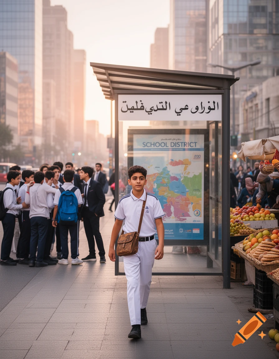 A young boy in a white school uniform and a messenger bag walks on a sidewalk past a bus stop with a world map and other students. A market stall is on the right, and city buildings are in the background.