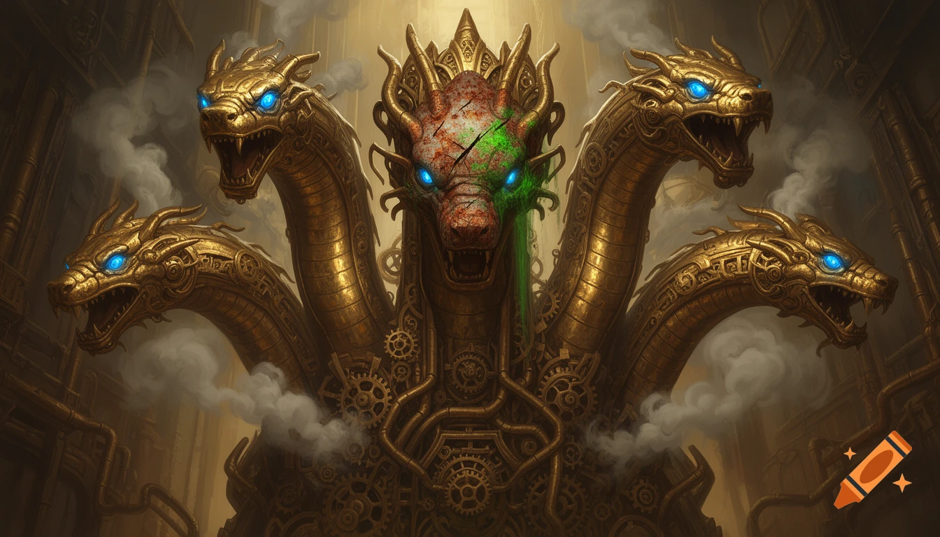 A steampunk five-headed mechanical Hydra monster made of ornate gold brass, with glowing blue eyes, rust, and green oxidation on the central head, amidst steam and intricate gears.