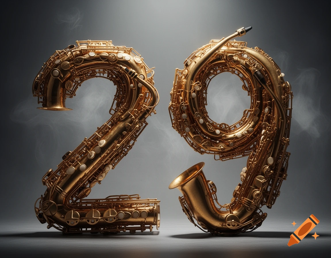 The numerals 2 and 9 are intricately formed from golden brass saxophones against a dark grey background with smoke.