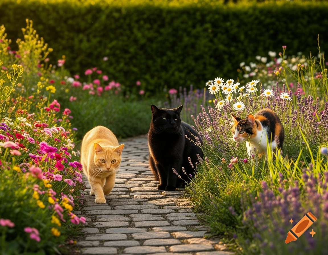 An orange cat walks on a stone path, a black cat sits, and a calico cat ...