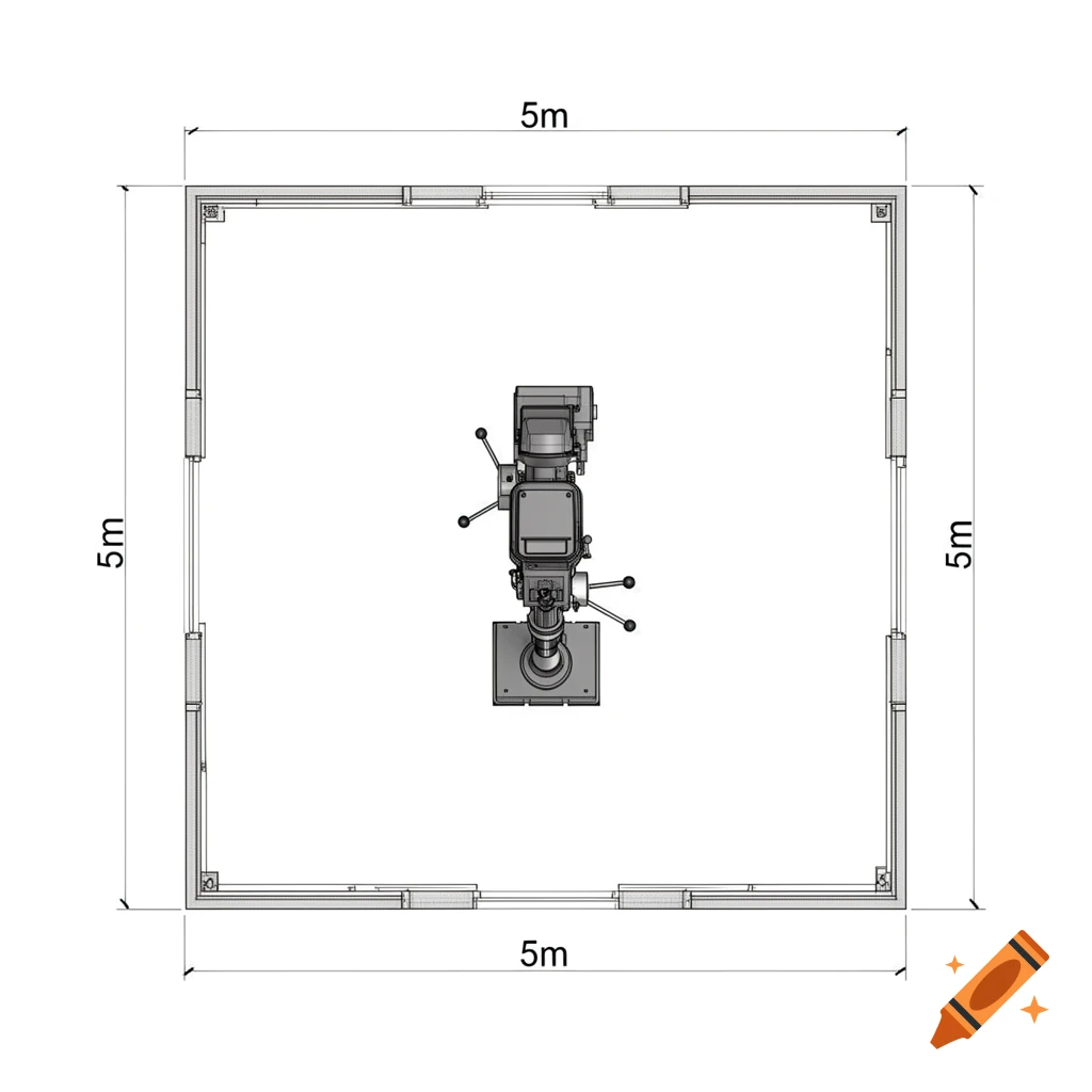 A 2D top-down technical drawing of a 5m by 5m room with a drill press in the center.
