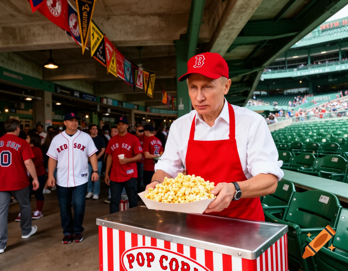 Vladimir Putin in a red apron and Red Sox cap, holding popcorn at Fenway Park, with stadium seats and fans in the background.