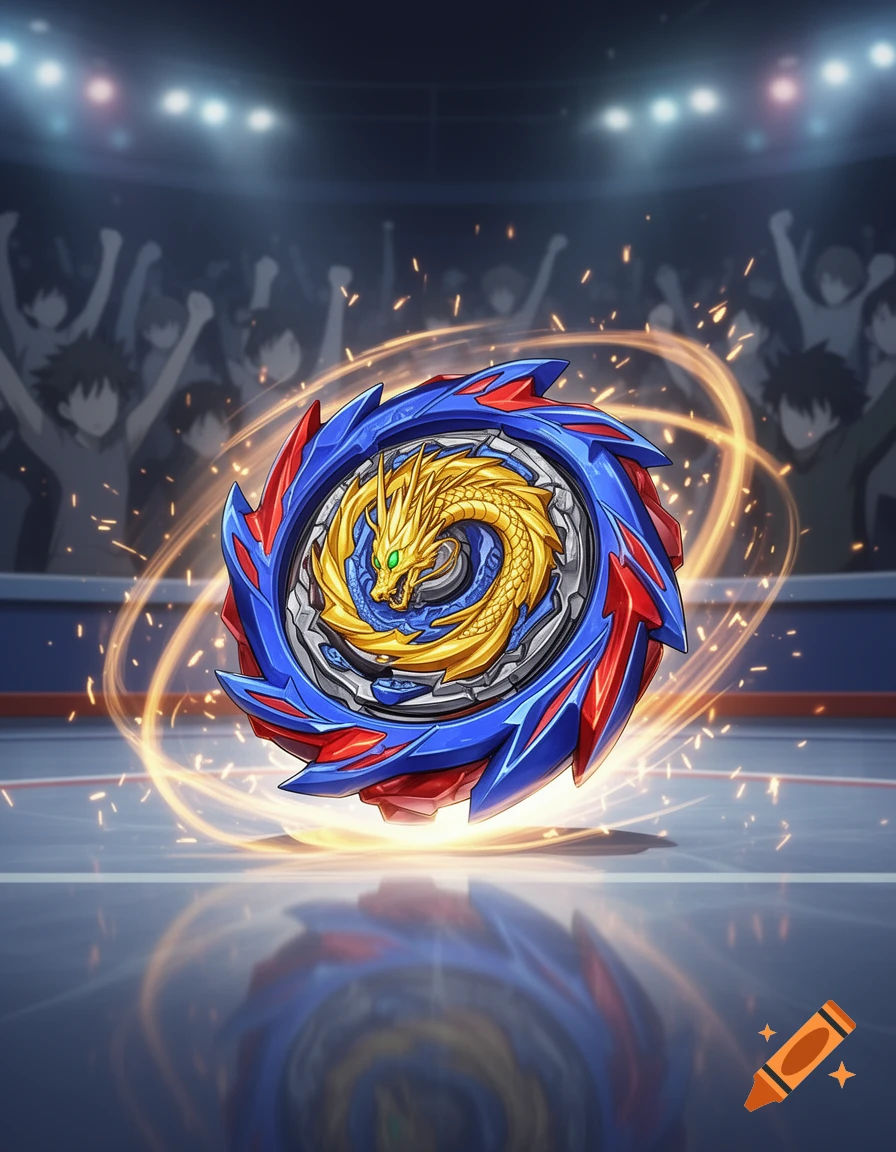 A blue and red Beyblade with a golden dragon design spins with energy in a brightly lit arena before a cheering crowd, anime style.