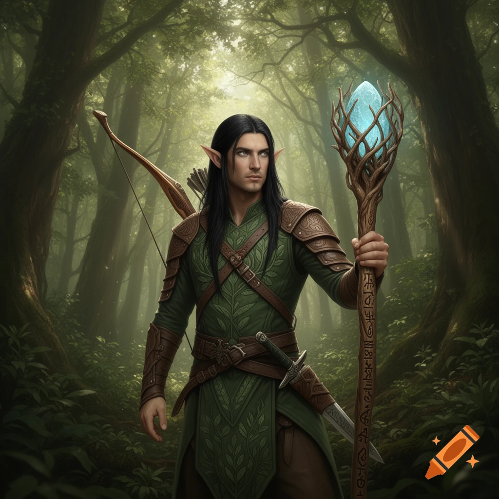 A dark-haired male elf in green and brown armor with a bow and a staff topped with a glowing blue crystal stands in a forest.