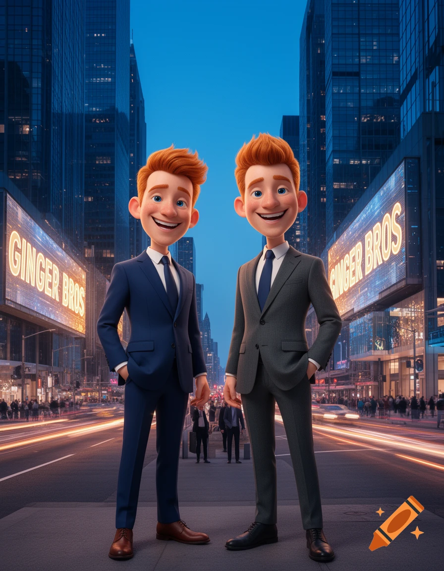 Two animated red-haired men in suits stand smiling on a city street at night, with 'GINGER BROS' billboards behind them.