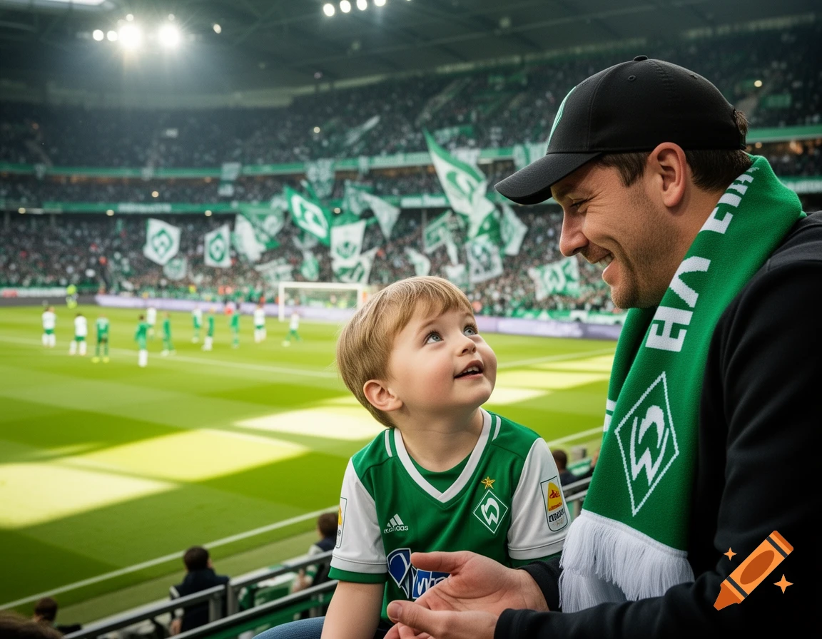 A man and child in green jerseys smile at each other in a crowded football stadium.