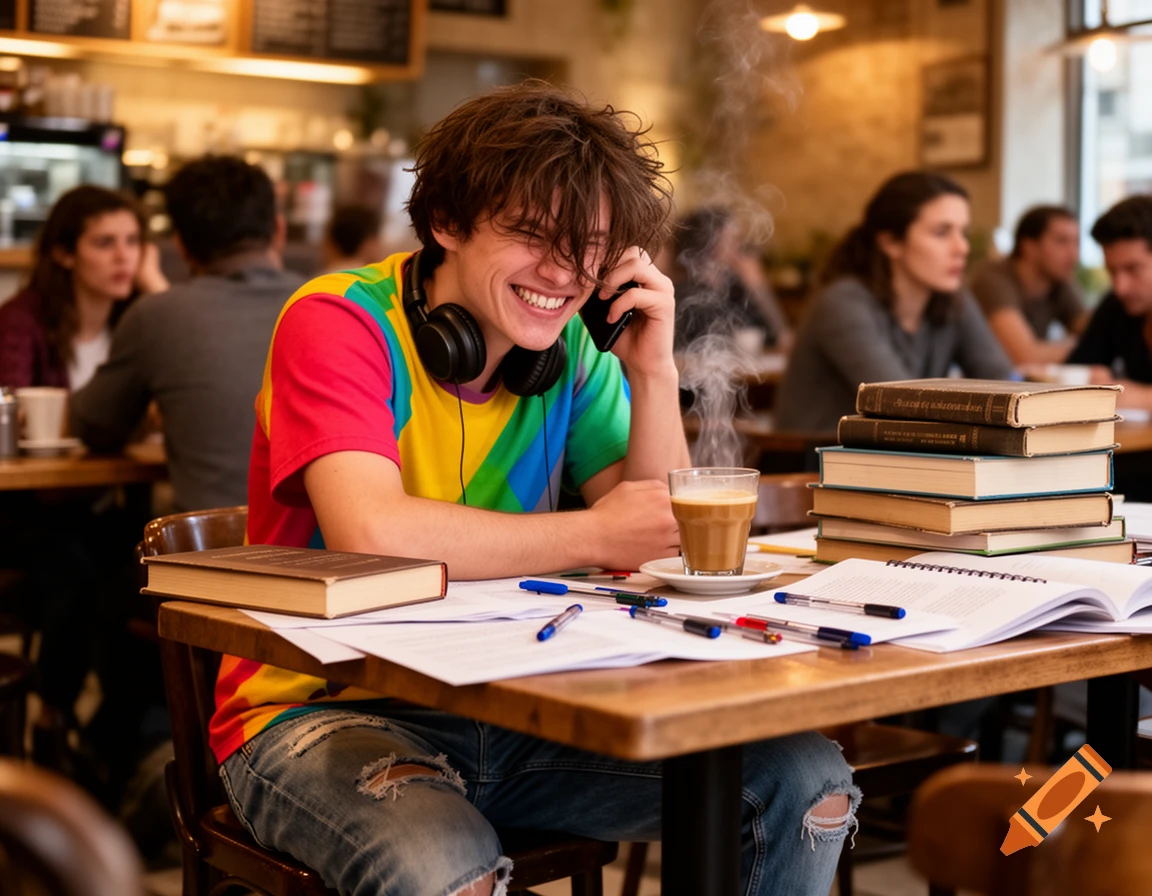 A smiling young man in a colorful t-shirt talks on a phone, headphones around his neck, at a wooden table in a cafe, surrounded by books and a steaming coffee.