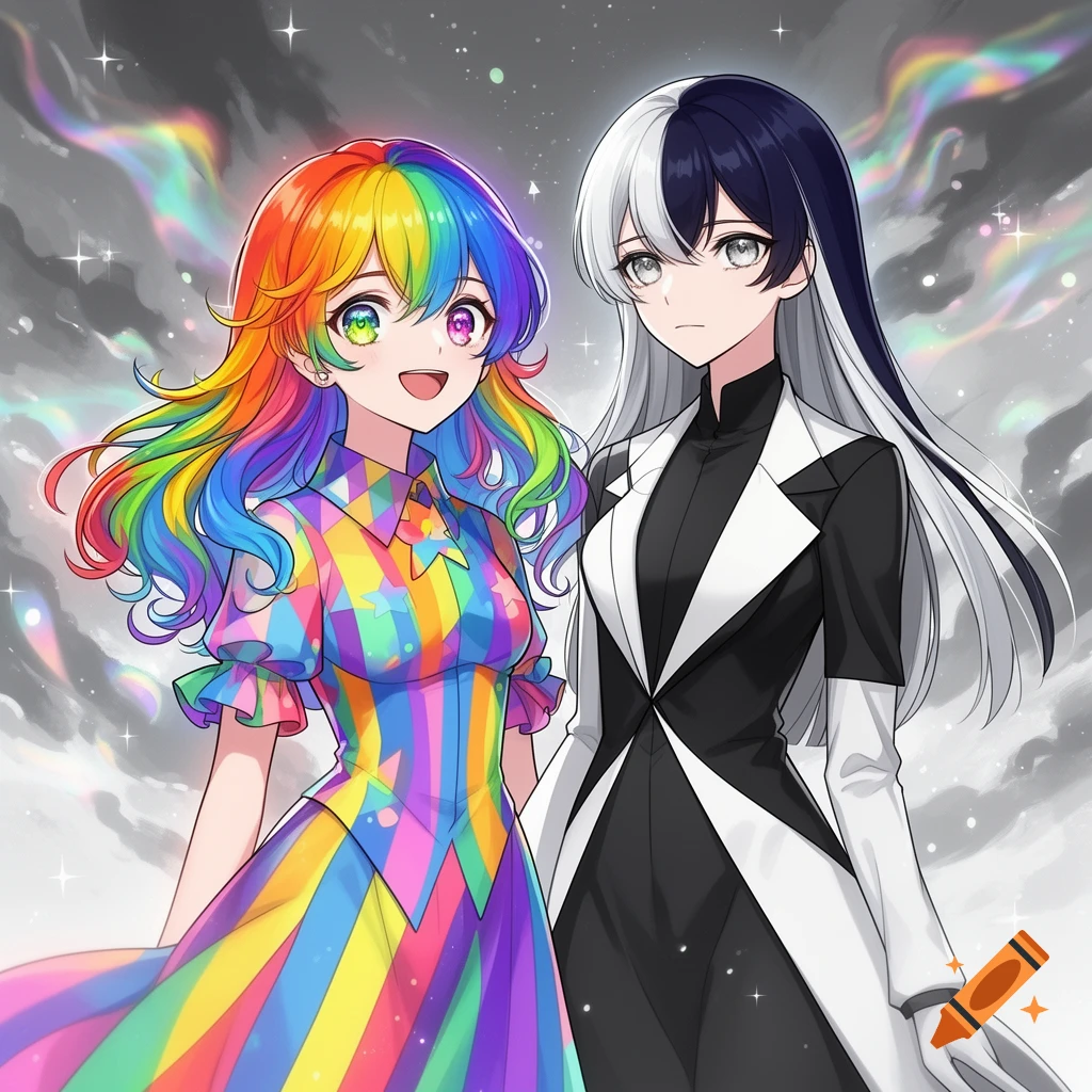 Two anime girls stand together; one has vibrant rainbow hair and a matching striped dress, the other has black and white split hair and a monochrome suit, against a cloudy, starry sky with faint rainbow wisps.