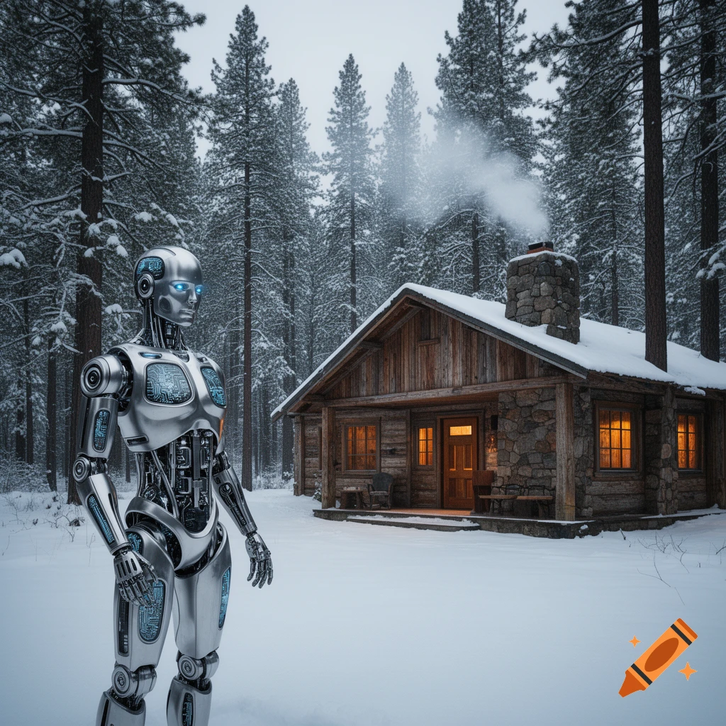 A silver humanoid robot stands in a snowy forest with a rustic wooden cabin behind it, smoke rising from the chimney.