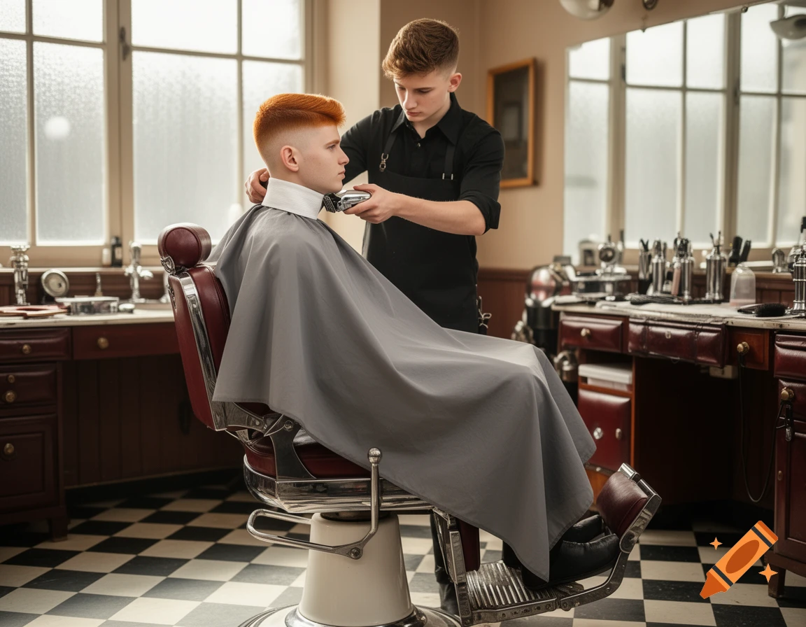 A young barber gives a ginger-haired customer a fade haircut in a classic barber shop with large windows.