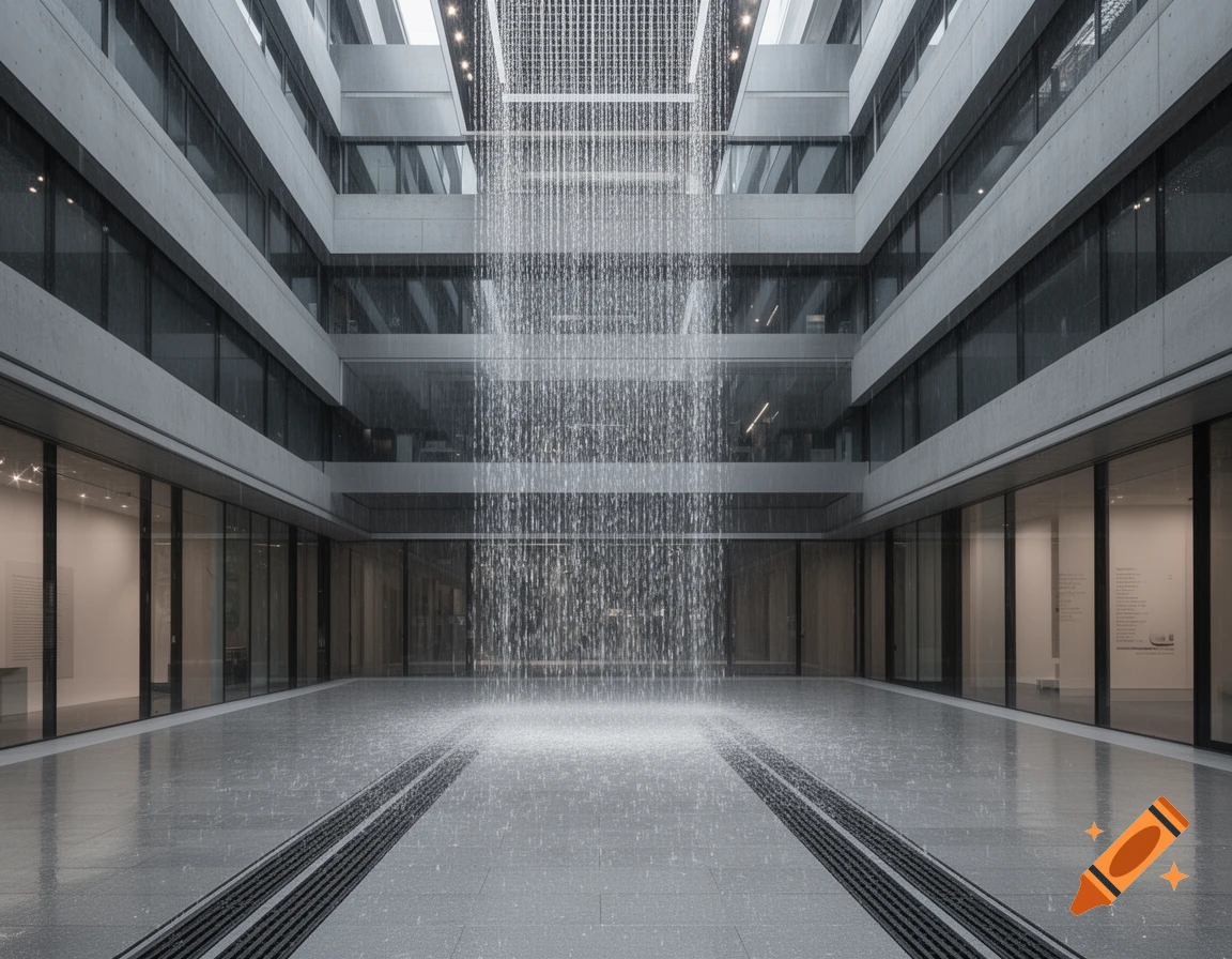 A modern multi-story building interior with concrete and glass walls. An artificial waterfall cascades from the ceiling to a drain on the polished floor.