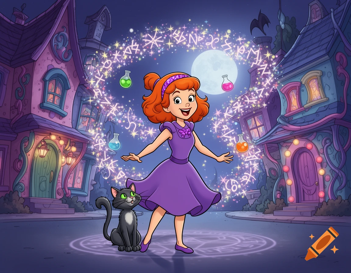 A cartoon girl with red hair in a purple dress and a black cat stand in front of whimsical houses under a moon, surrounded by glowing runes and potions.